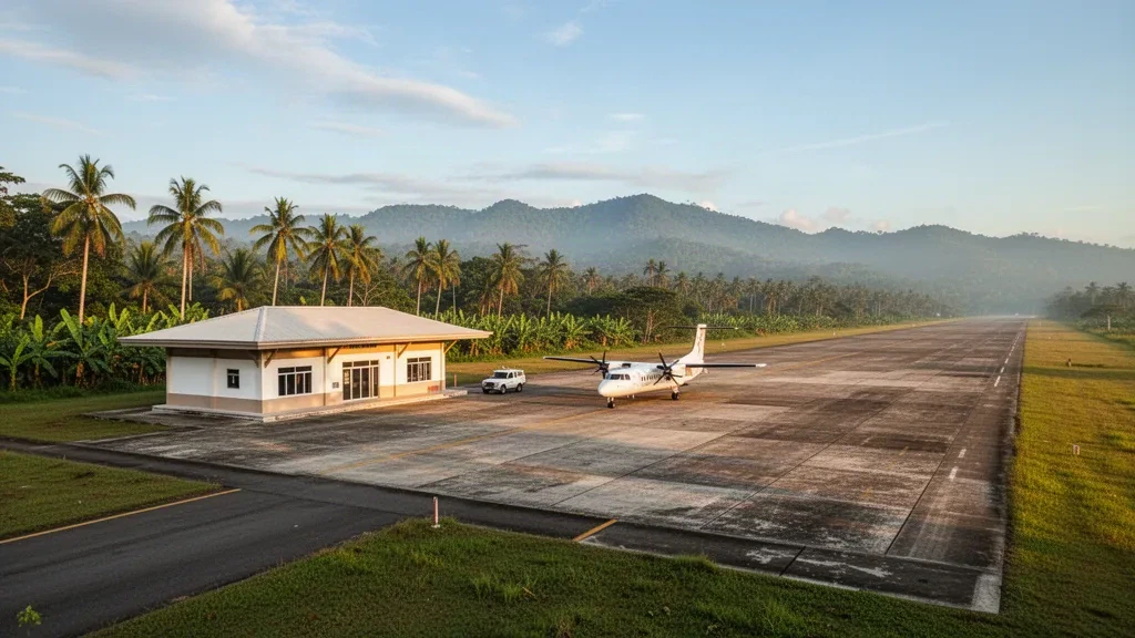 Piccolo terminal provinciale e pista unica all'Aeroporto di Siocon a Zamboanga del Norte, Filippine, immersi nella calda luce dell'ora d'oro