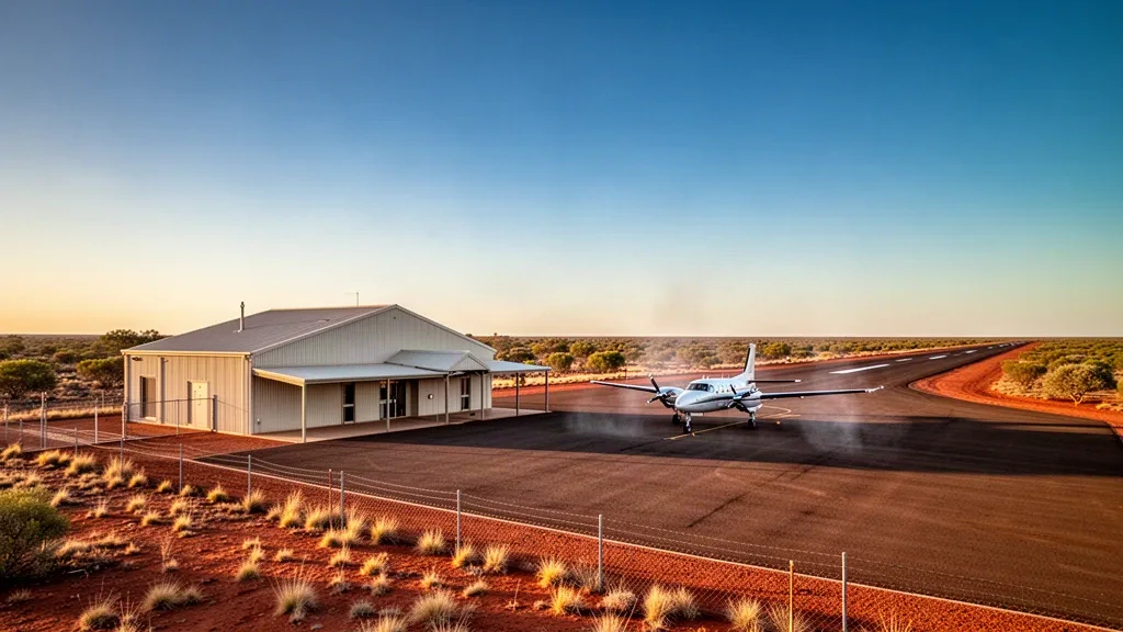 Queensland, Thargomindah'ta altın saatlerde geniş, açık bir gökyüzü altında küçük taşra havalimanı terminali ve apron alanı