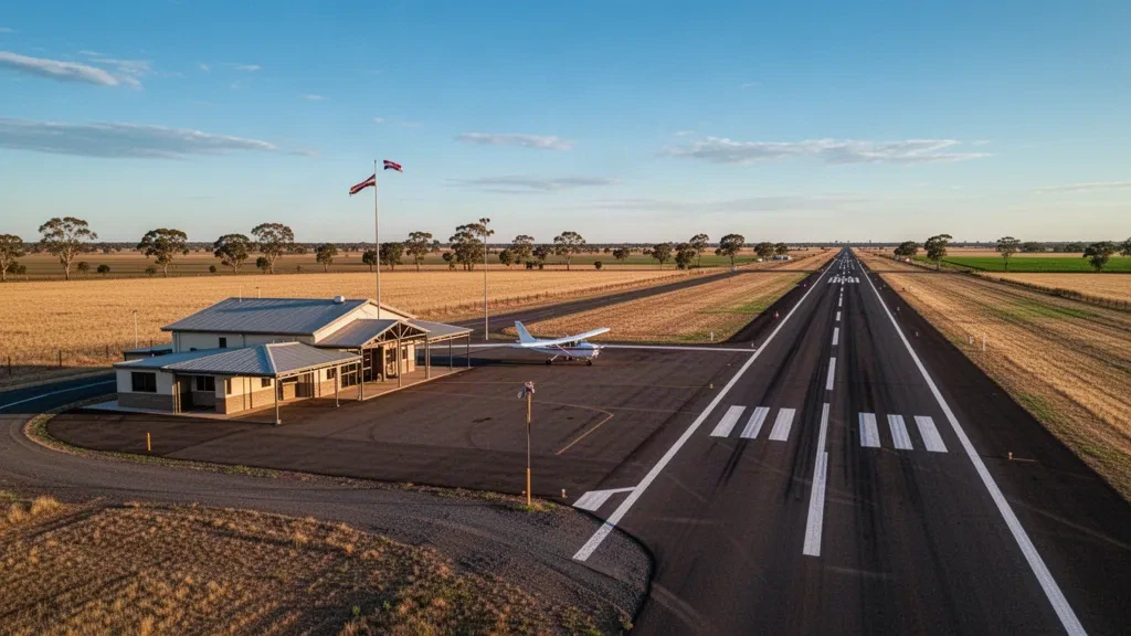 Kleiner regionaler Flugplatz am Flughafen Tara in Queensland mit einem Leichtflugzeug auf dem Vorfeld und flachem Ackerland unter klarem Himmel