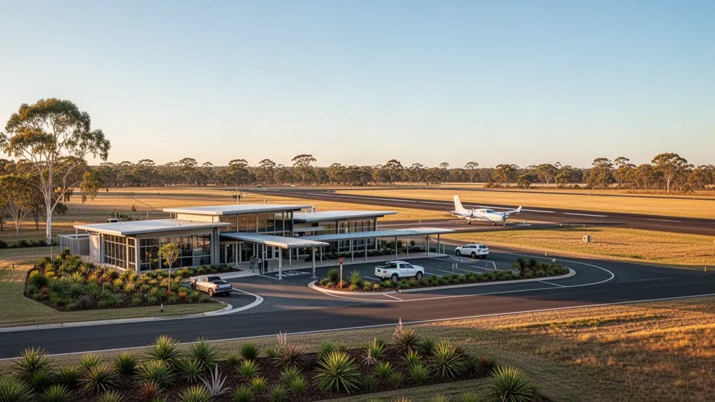 Terminal regional moderna y pista del Aeropuerto de Taroom en Queensland, Australia, bañadas por la cálida luz dorada del atardecer.