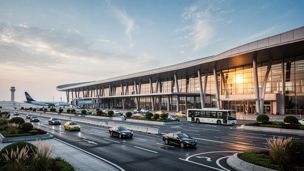 Esterno moderno del terminal in vetro e corsie curve di scarico all'Aeroporto Internazionale Xuzhou Guanyin durante l'ora d'oro