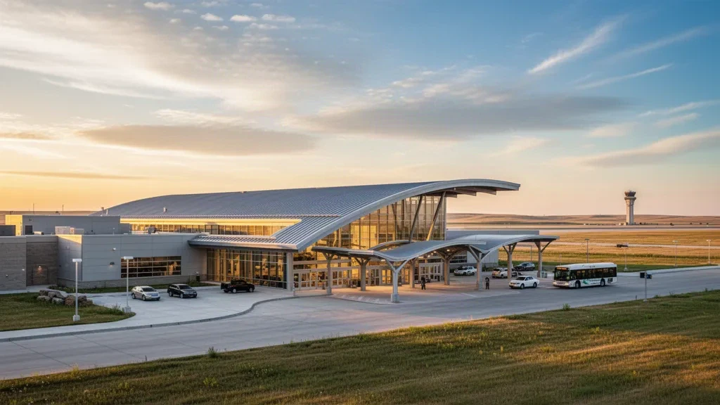 Modern glass terminal and curved drop-off canopy at Williston Basin International Airport beneath a wide North Dakota sky