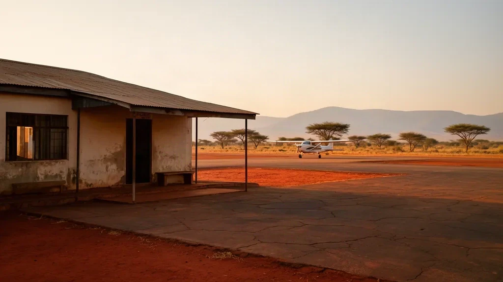 Modest terminal building and apron at Zabré Airport in Burkina Faso, set in dry Sahel savanna under warm golden-hour light