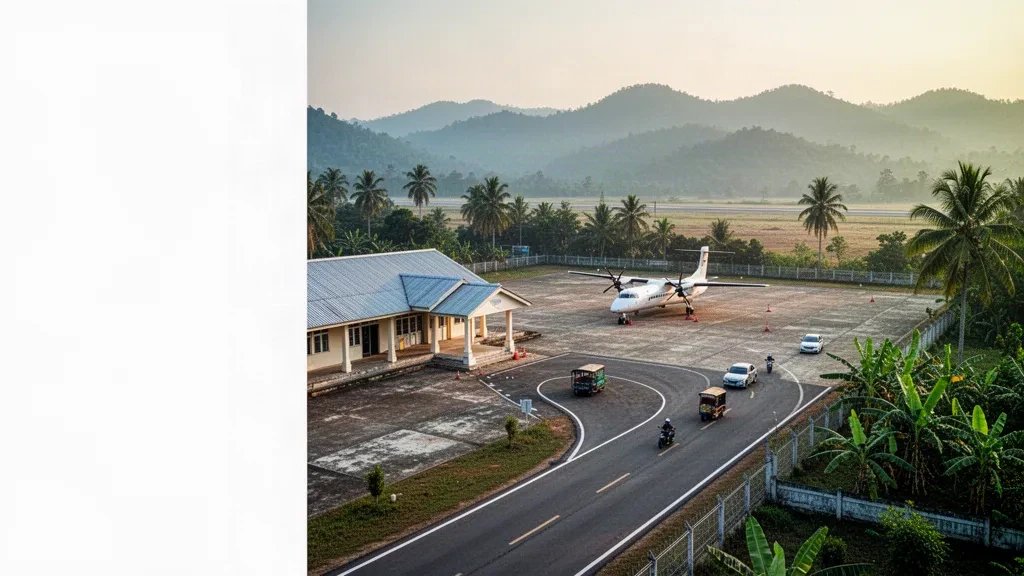 Tropisches einstöckiges Flughafenterminal und schmale Startbahn am Flughafen Ye in Myanmar, umrahmt von Palmen im warmen Morgenlicht
