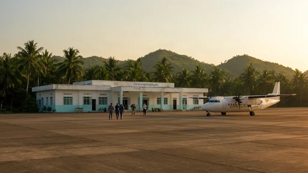 Außenansicht des Terminals des Flughafens Ye XYE in Myanmar mit einem Turboprop-Flugzeug auf dem Vorfeld und tropischen Hügeln im Hintergrund.