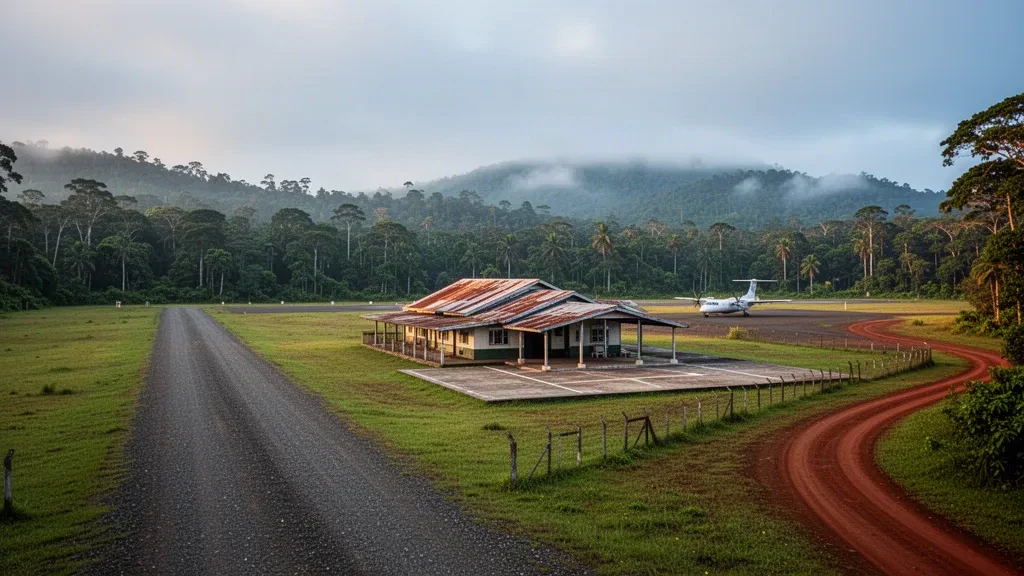 Piste tropicale isolée et modeste bâtiment terminal à l'aéroport d'Edwaki en Papouasie-Nouvelle-Guinée, entourés d'une forêt tropicale dense dans une douce lumière matinale