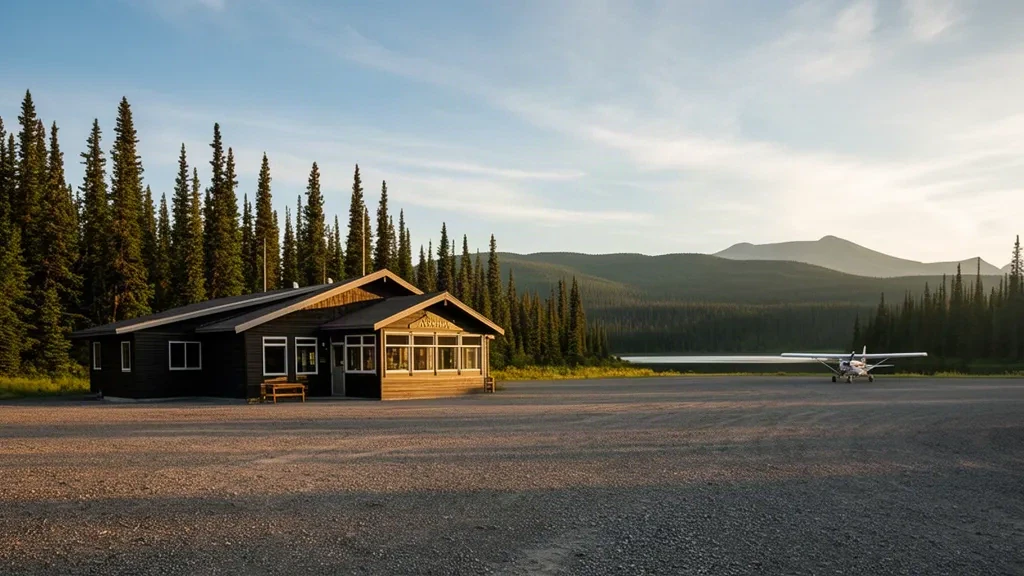 Vista exterior de la terminal del Aeropuerto de Anahim Lake en Columbia Británica con bosque de pinos y montañas