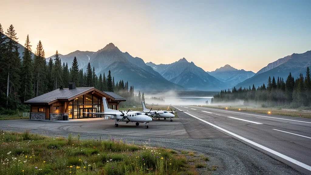 Petit terminal isolé et piste de montagne à l'aéroport d'Anahim Lake, dans la région du Chilcotin en Colombie-Britannique, à l'heure dorée