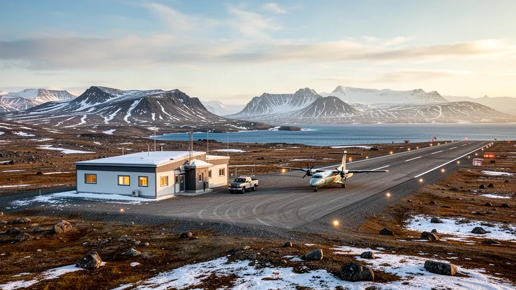 Petite piste en gravier et bâtiment terminal bas à l'aéroport d'Arctic Bay au Nunavut, entourés d'une toundra saupoudrée de neige et de montagnes escarpées à l'heure dorée.