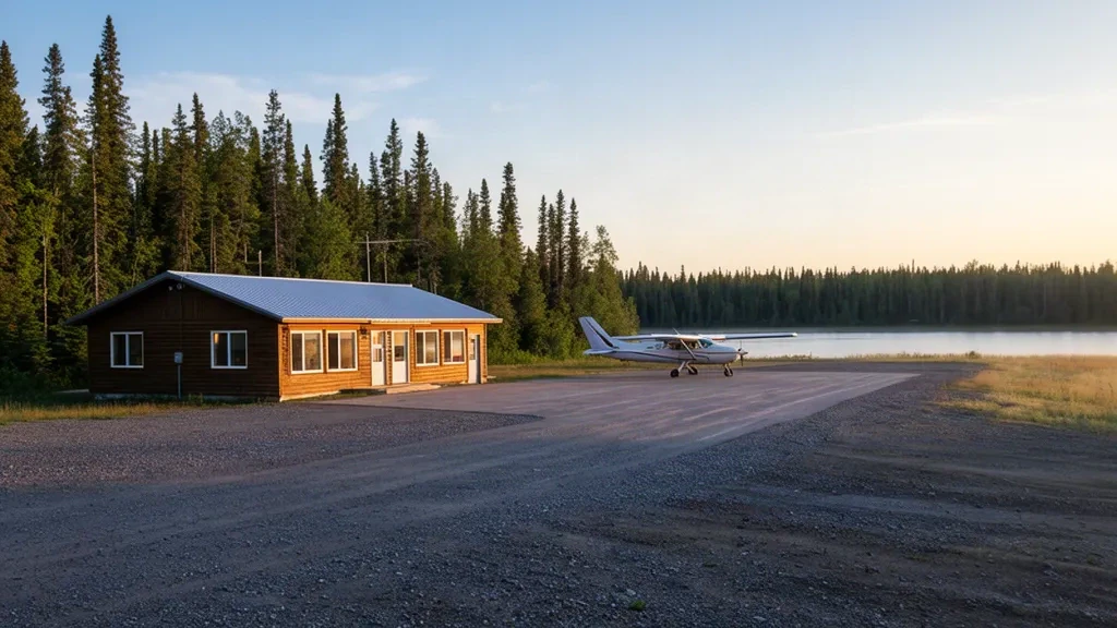 Terminal remota en el Aeropuerto de Cat Lake (YAC) en Ontario, con pista de grava, avioneta y bosque boreal bajo una suave luz matutina.
