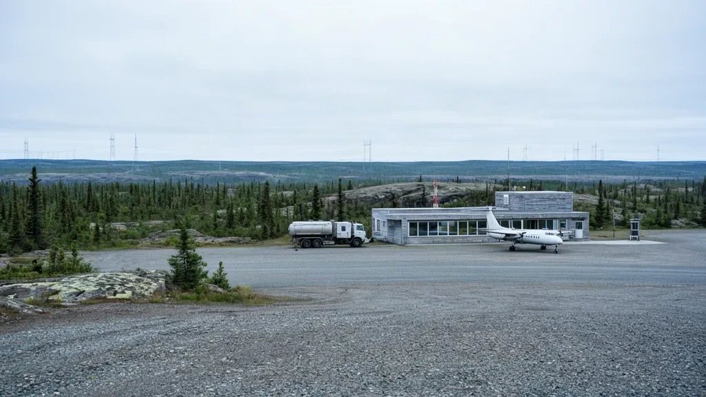Exterior de la pequeña terminal del Aeropuerto La Grande-4 en el norte de Quebec, con una plataforma de grava, un turbohélice estacionado y un bosque boreal plano que se extiende hasta el horizonte