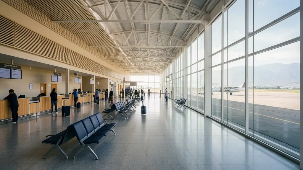 Sala partenze luminosa e banchi check-in all'interno del terminal dell'aeroporto General Bernardo O'Higgins di Chillán, Cile