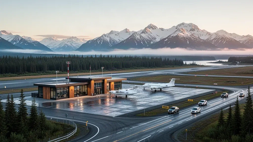 Yakutat Airport terminal and runway framed by coastal Alaska rainforest and snow-capped mountains