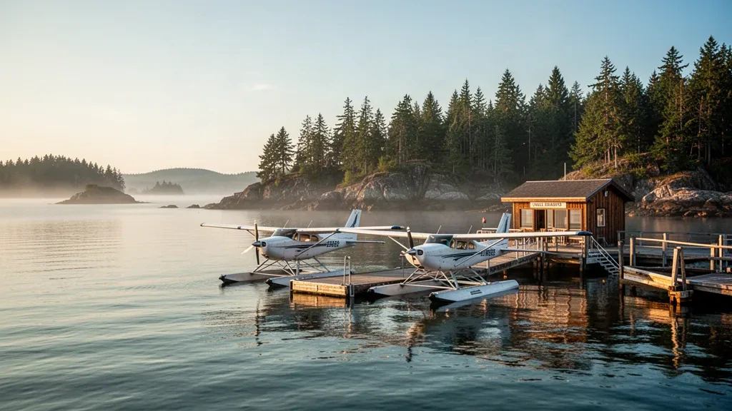 Wasserflugzeuganlegestelle und ruhiger Hafen am Wasserflugzeugstützpunkt Lyall Harbour auf Saturna Island, British Columbia, mit bewaldeten Inseln und Morgenlicht.