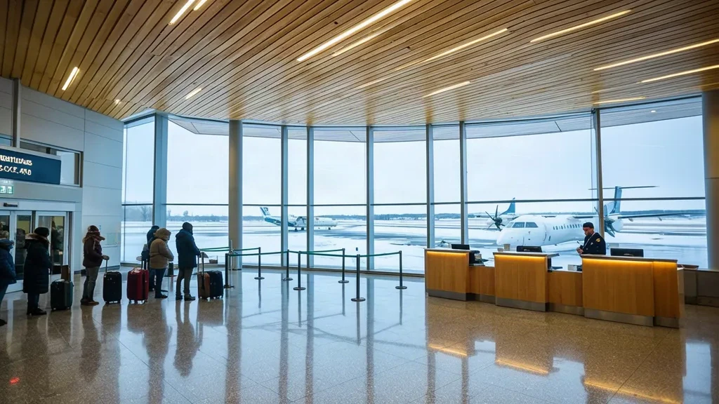 Interior of Sault Ste. Marie Airport YAM terminal with check-in counters, passengers and windows overlooking the airfield