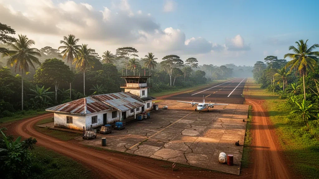 Petit terminal et piste tropicale à l'aéroport de Yangambi en République démocratique du Congo, entourés d'une forêt tropicale dense à l'heure dorée.
