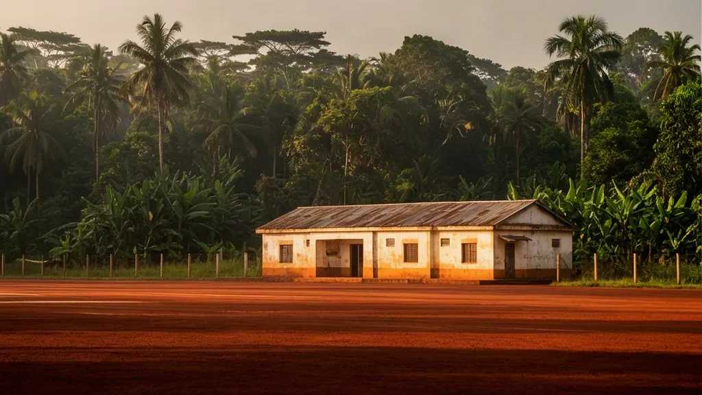 Petit bâtiment terminal tropical et piste en latérite non goudronnée à l'aéroport de Yangambi, dans la forêt tropicale du bassin du Congo, sous une lumière chaude d'après-midi