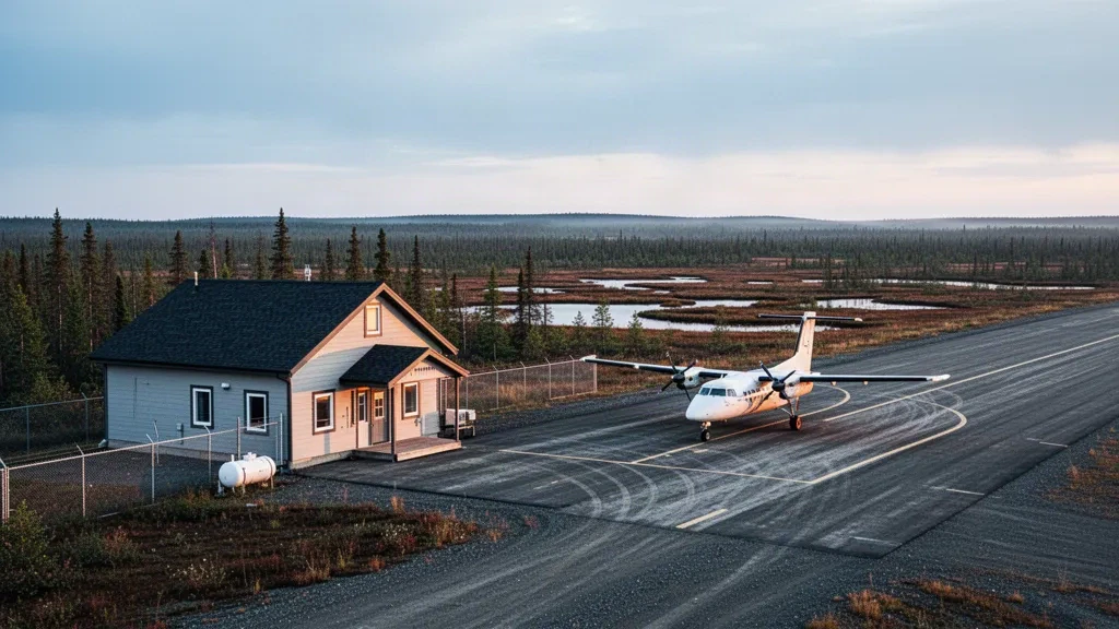 Petit terminal d'aéroport isolé et aire de trafic en gravier avec un avion à turbopropulseur stationné près d'Attawapiskat, dans les basses-terres de la baie James, au nord de l'Ontario