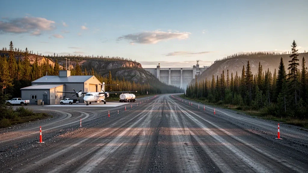Pista in ghiaia e piccolo terminal in metallo all'Aeroporto di La Grande-3 nel Quebec settentrionale, circondati dalla foresta boreale sotto una luce dorata bassa