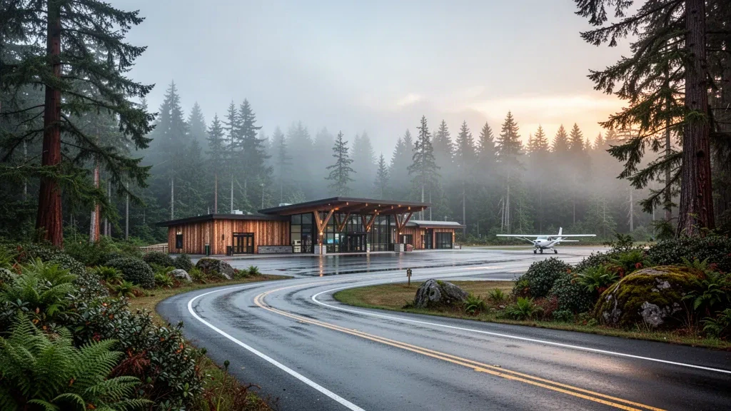 Mit Zedernholz verkleidetes Terminal und nebliger Regenwald am Flughafen Tofino Long Beach an der Westküste von Vancouver Island
