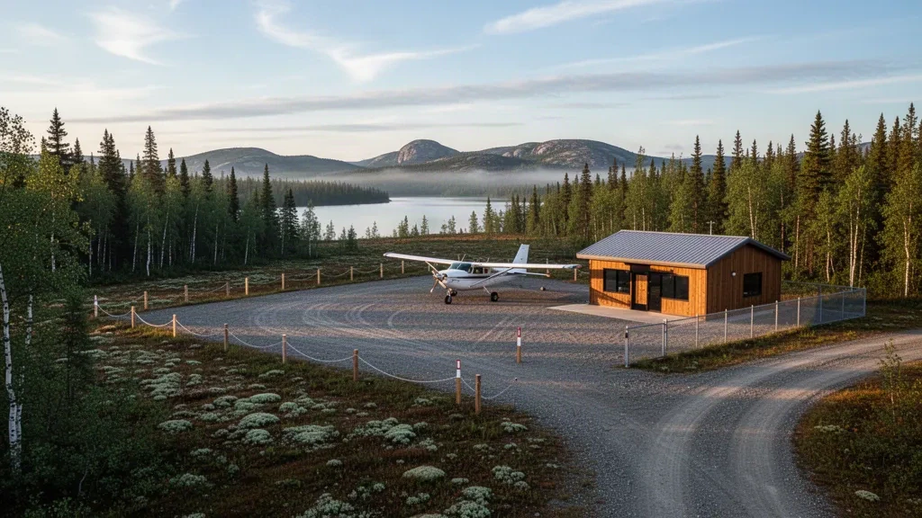 Petite piste en gravier, avion léger et modeste terminal au milieu de la forêt boréale à l'aéroport isolé de Wapekeka, dans le nord-ouest de l'Ontario, à l'heure dorée