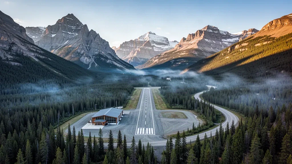 Small Banff Airport airstrip in a forested Canadian Rockies valley with a runway and snow-capped peaks at golden hour