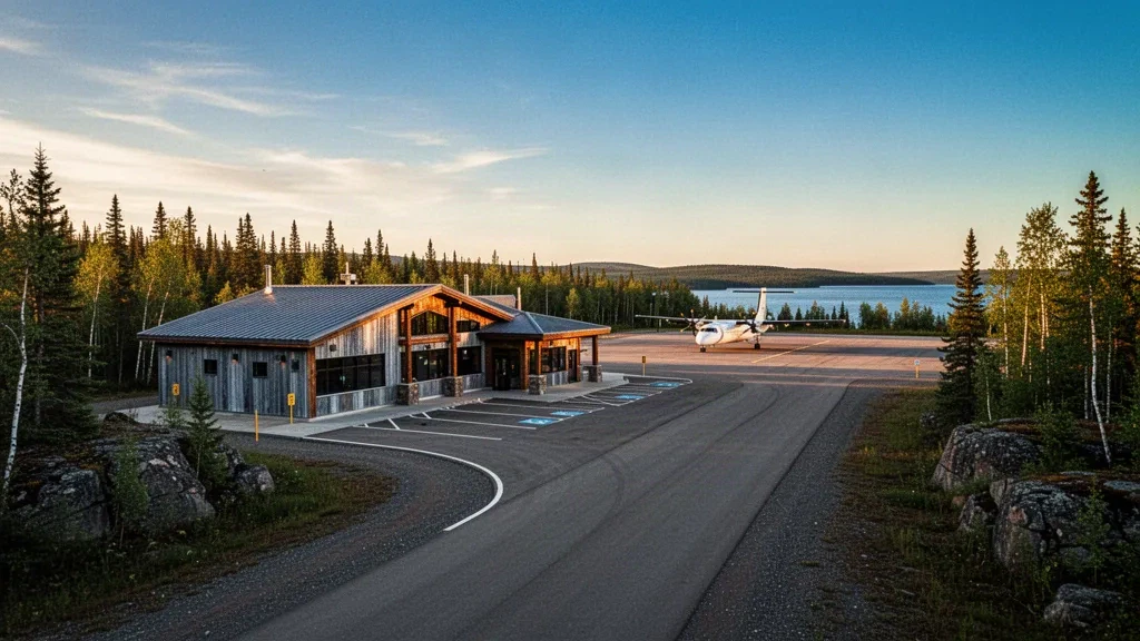 Terminal de aeropuerto remoto del norte en Uranium City, Saskatchewan, rodeada de bosque boreal junto al lago Athabasca durante la hora dorada.