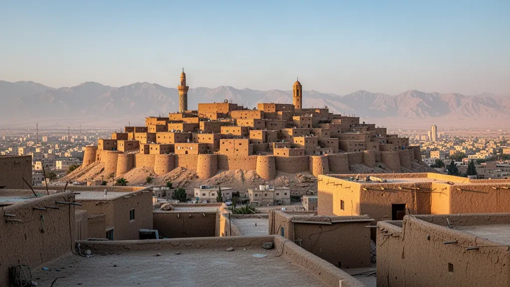 Vista en la hora dorada de las casas de ladrillo de adobe ocre de la Ciudadela de Erbil y su esbelto minarete elevándose sobre la ciudad en Irak, con las neblinosas montañas Zagros al fondo