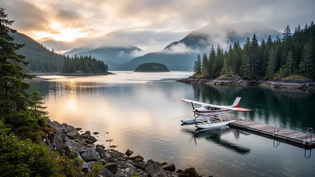 Idrovolante presso Bull Harbour Water Aerodrome sulla costa impervia della Columbia Britannica