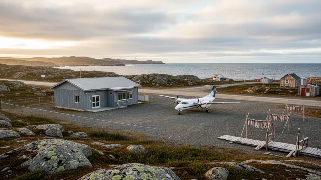 Pista remota de grava y pequeña terminal del aeropuerto de Black Tickle, en la costa de Labrador, rodeados de tundra rocosa y el mar de Labrador.