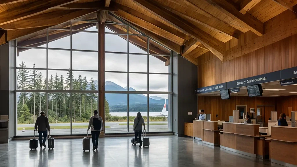 Innenansicht des Terminals des Flughafens Campbell River YBL auf Vancouver Island, British Columbia, mit Reisenden und großen Fenstern.