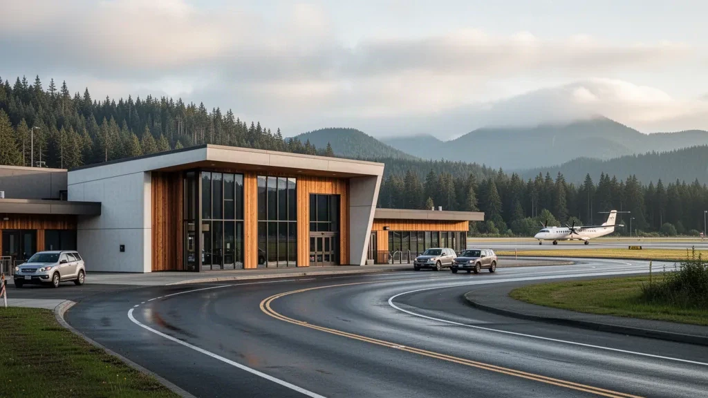 Esterno del terminal dell'aeroporto di Campbell River con sfondo di foreste dell'Isola di Vancouver e corsia di sosta al marciapiede all'ora d'oro