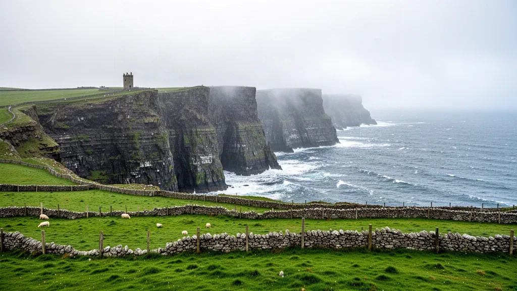 Sea cliffs of Moher in County Clare, Ireland, falling sharply into the Atlantic Ocean beneath soft grey skies and green coastal fields