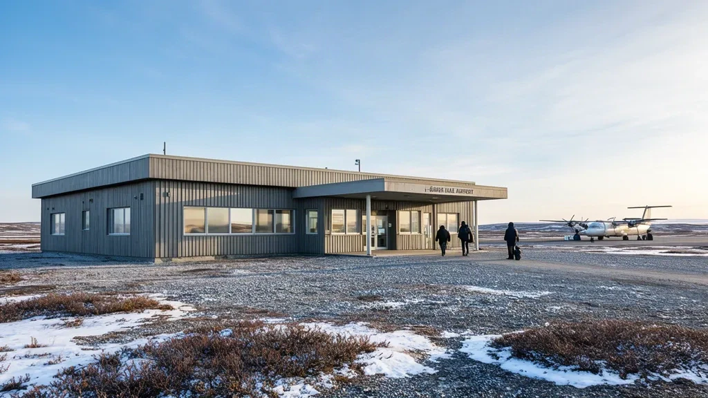 Kanada, Nunavut'taki Baker Lake Havalimanı terminalinin dış görünümü, açık Arktik gökyüzü altında tundra manzarası ve yakında küçük bir turboprop uçak.