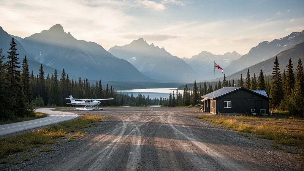 Pista remota in ghiaia all'aeroporto di Bob Quinn Lake nel nord della Columbia Britannica, incorniciata da pineta e creste montuose del Cassiar nell'ora d'oro