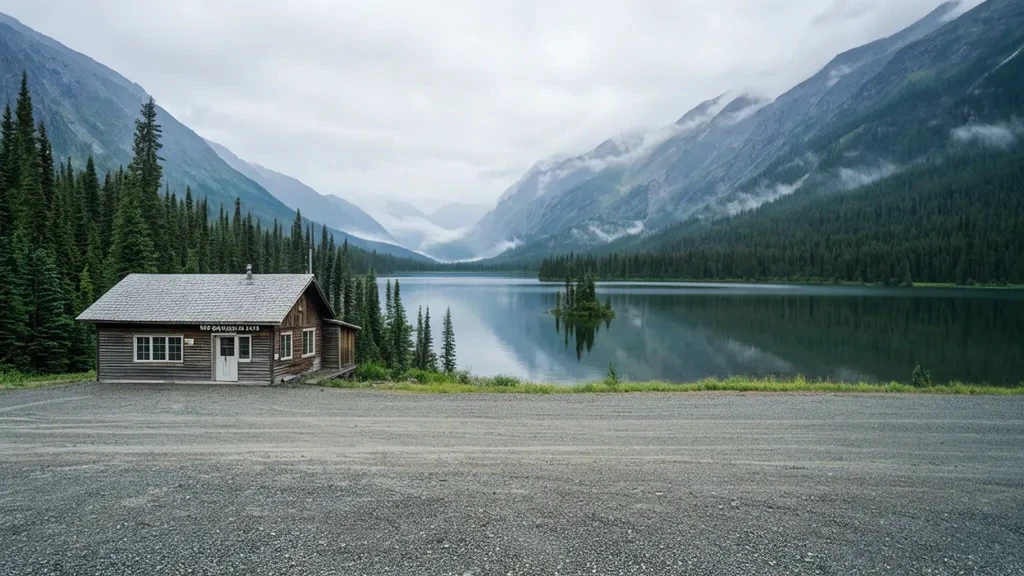 Britanya Kolumbiyası, Kanada'daki Bob Quinn Lake Havaalanı YBO terminali ve çakıl pistinin dış görünümü
