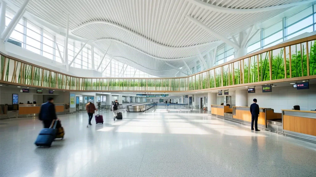 Interior de la sala de salidas del Aeropuerto Yibin Wuliangye en Sichuan, con un techo curvo y amplio y una concurrida zona de paso llena de luz natural