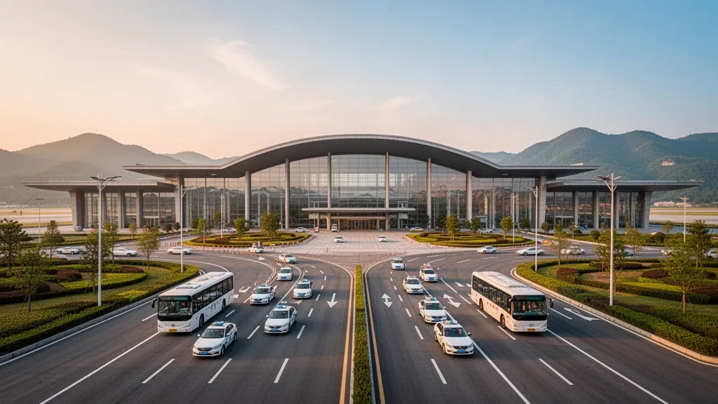 Terminal moderno in vetro e corsia di scarico all'Aeroporto di Yibin Wuliangye nello Sichuan, Cina, durante l'ora d'oro.
