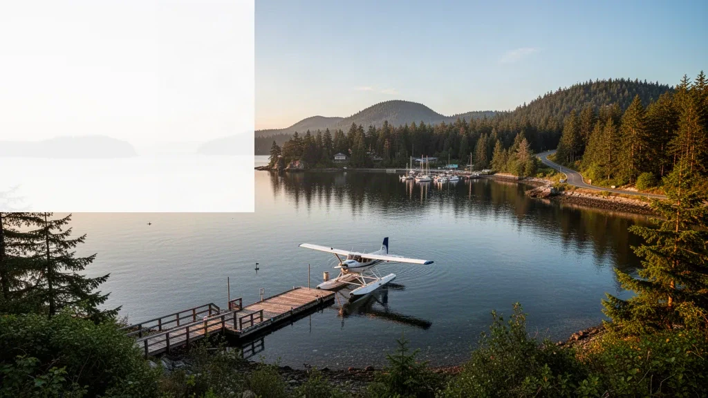 Ein Wasserflugzeug am Steg des Telegraph Harbour Seaplane Base auf Thetis Island, British Columbia, mit ruhigem Wasser und immergrünem Wald zur goldenen Stunde.