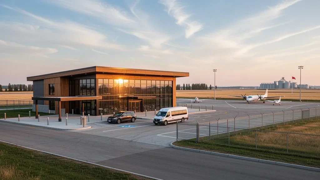 Terminal moderne en verre et parvis de dépose à l'aéroport municipal de Brandon sous un large ciel de prairie à l'heure dorée
