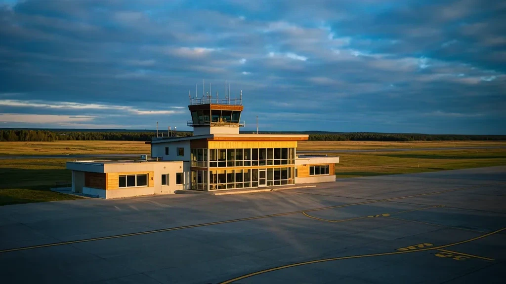 Esterno del piccolo terminal di prateria dell'Aeroporto Municipale di Brandon e torre di controllo accanto al piazzale sotto un ampio cielo del Manitoba