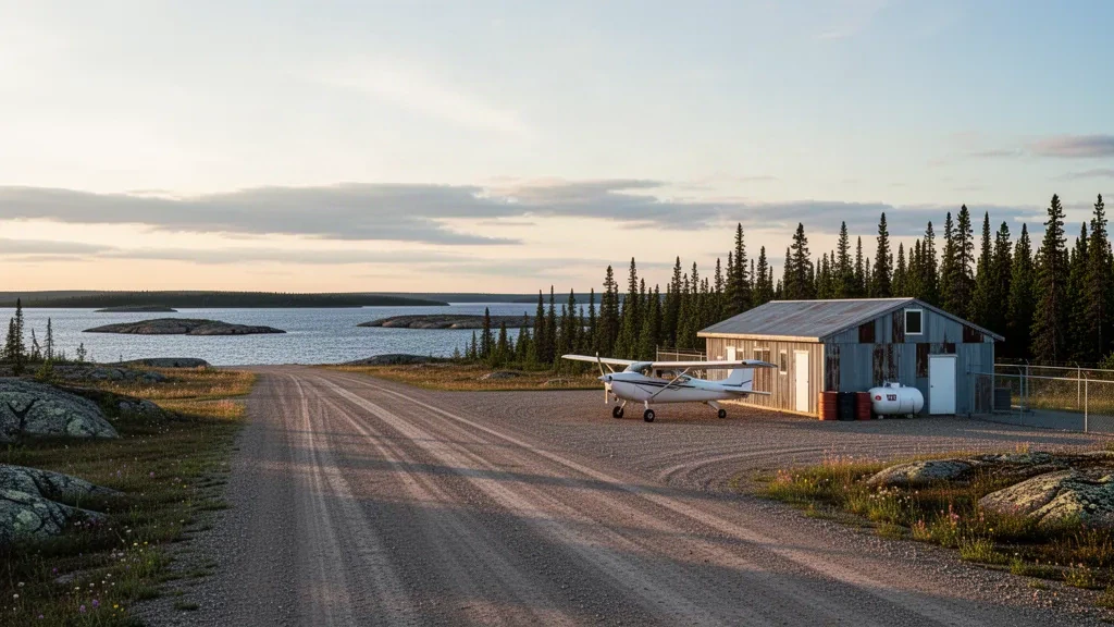 Piste en gravier et ligne d'épinettes à l'aéroport de Brochet près du lac Reindeer, au Manitoba, sous une douce lumière nordique