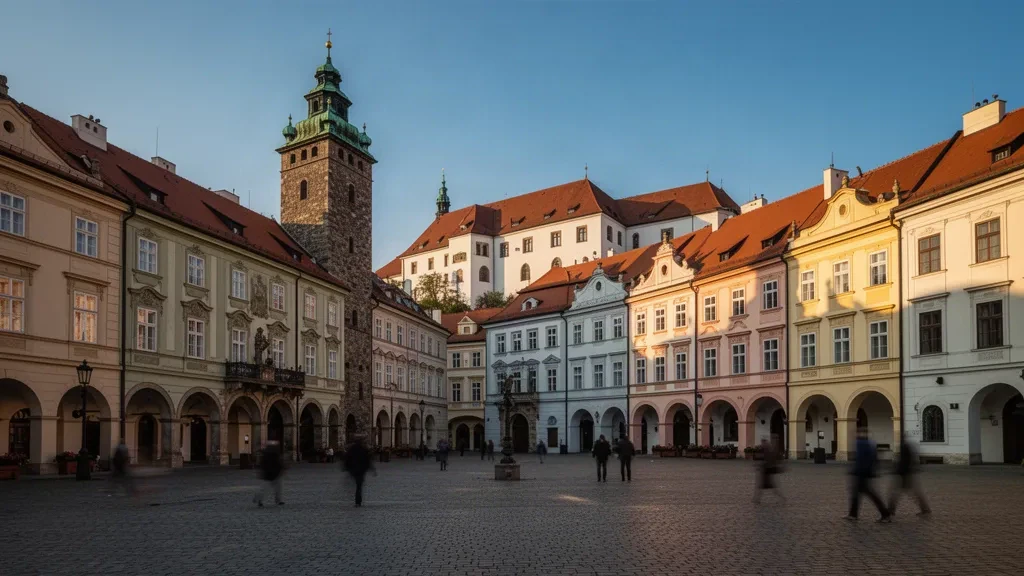 Pernstynske Square in Pardubice, Czech Republic, with pastel Renaissance houses and the Green Gate tower at golden hour