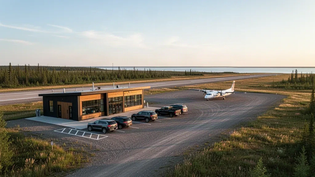 Berens River, Manitoba yakınlarındaki boreal ormanla çevrili küçük ve uzak havalimanı terminali ile çakıl pist