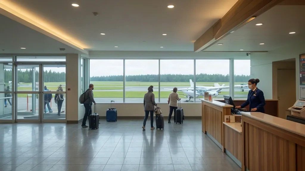 Interior of Cornwall Regional Airport YCC terminal in Ontario with check-in counter, waiting travellers and airfield views through large windows