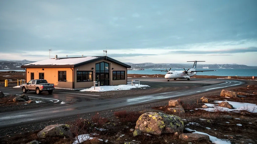 Kleines arktisches Flughafenterminal in Cambridge Bay, Nunavut, mit Schottervorfeld, geparkter Turbopropmaschine und Tundrahimmel in goldenem Licht.