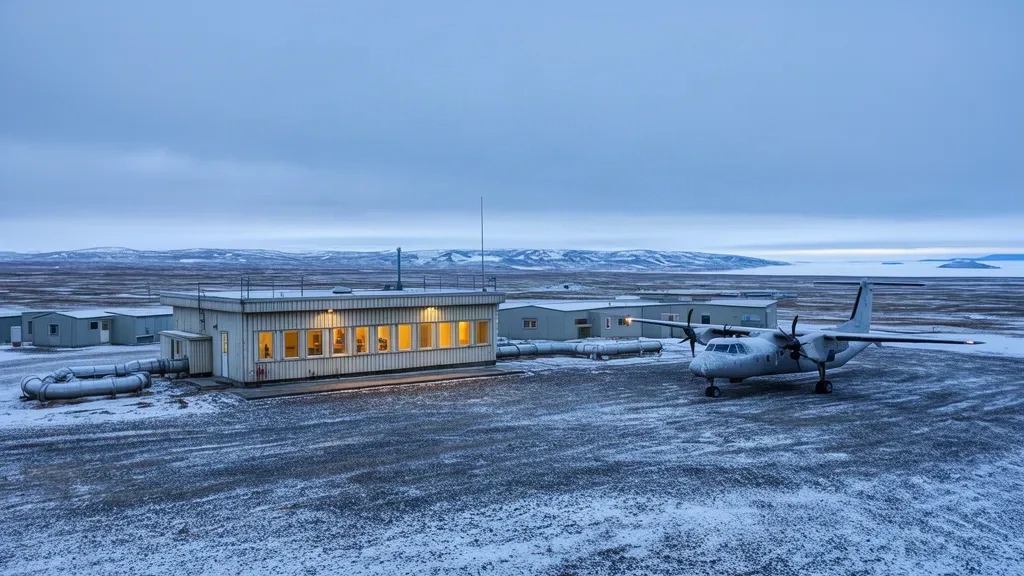 Nunavut'taki Cambridge Bay Havalimanı'nda (YCB) küçük Arktik terminal binası; karla kaplı tundra ve kutup alacakaranlığı ışığı altında çakıl apron.