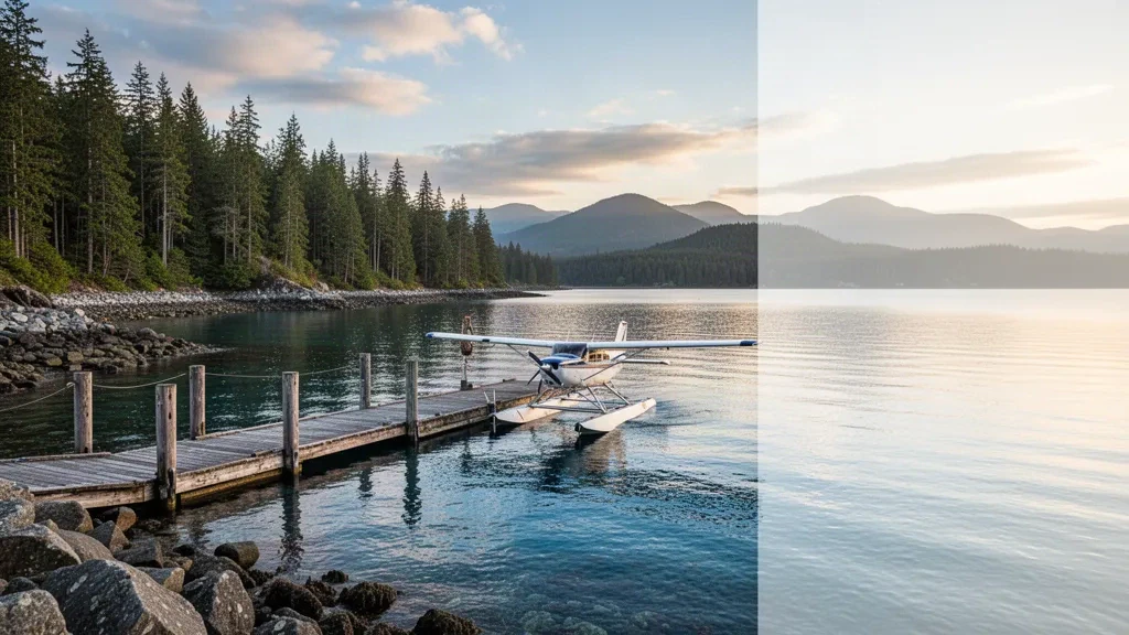 Wasserflugzeug an einem Holzsteg in der Cortes Bay, British Columbia, mit bewaldeten Inseln und ruhigem Wasser im Licht der goldenen Stunde.