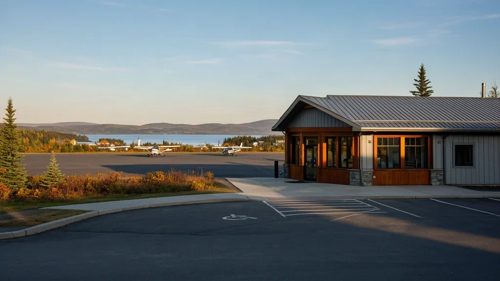 Pequeña terminal regional en el aeropuerto de Charlo, en Nuevo Brunswick, Canadá, con una plataforma tranquila, una aeronave estacionada y una suave luz de finales de la tarde.