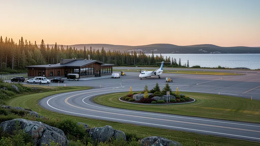 Piccolo terminal aeroportuale costiero e piazzale con un turboelica parcheggiato vicino a Charlo, New Brunswick, illuminati dalla calda luce dell'ora d'oro sulla baia di Chaleur.